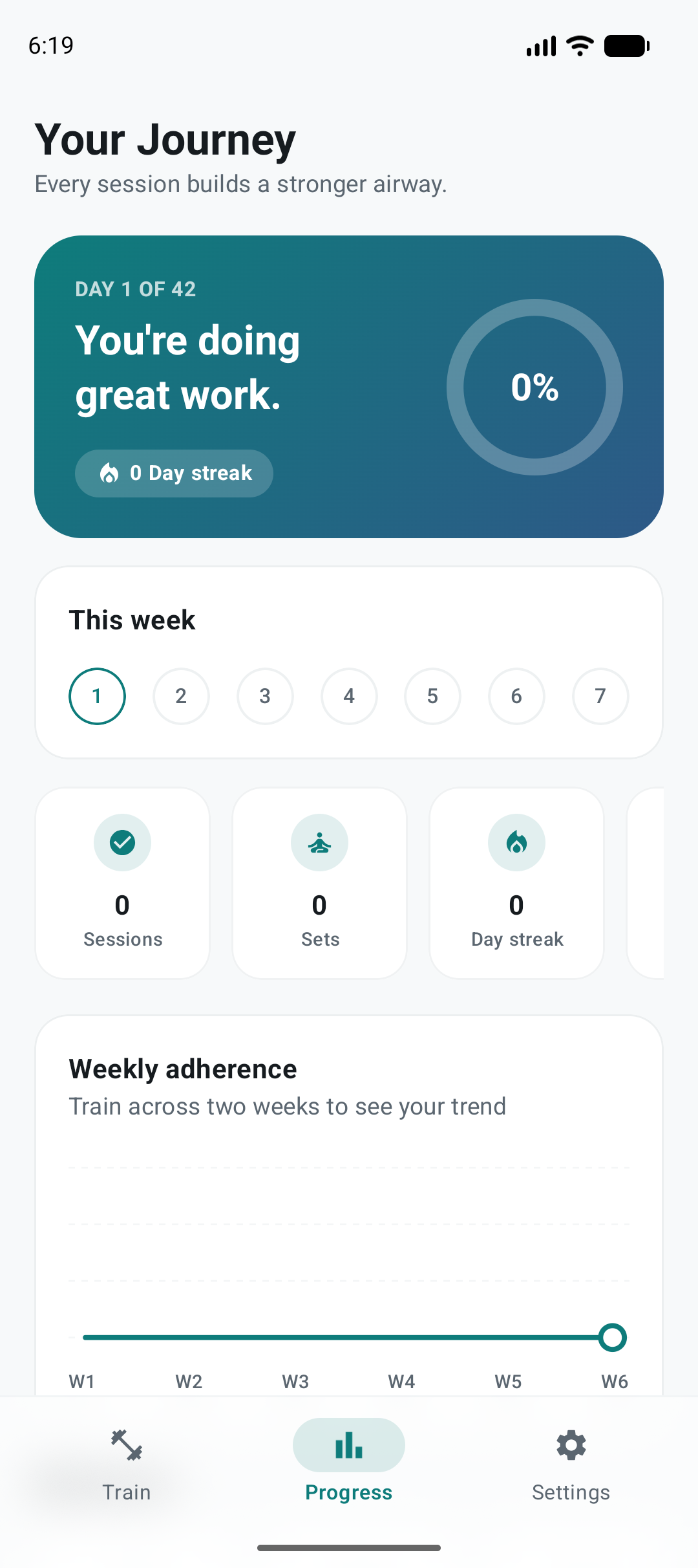 Airway Coach progress screen, showing streak and weekly adherence